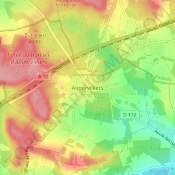 Topografische kaart Angervilliers, hoogte, reliëf