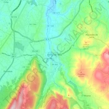 Topografische kaart Porto de Mós, hoogte, reliëf