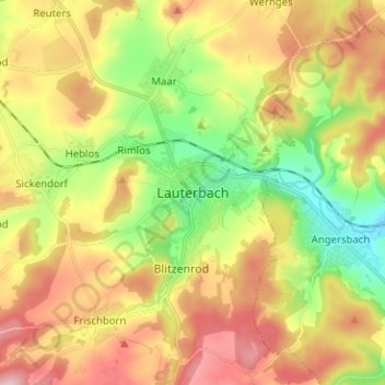 Topografische kaart Lauterbach, hoogte, reliëf