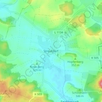 Topografische kaart Streufdorf, hoogte, reliëf