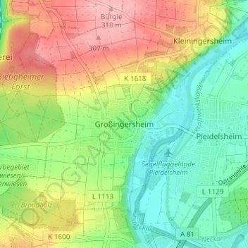 Topografische kaart Großingersheim, hoogte, reliëf
