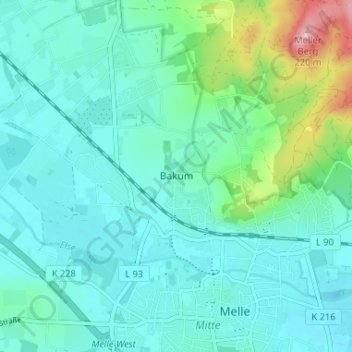 Topografische kaart Bakum, hoogte, reliëf