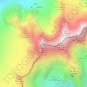 Topografische kaart Dent du Géant / Pointe Graham, hoogte, reliëf
