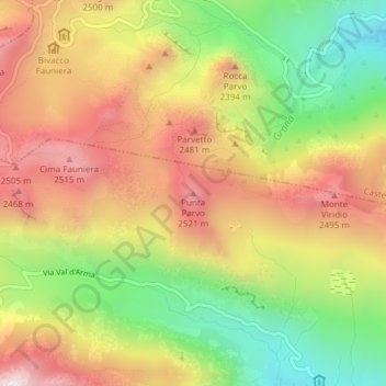 Topografische kaart Punta Parvo, hoogte, reliëf