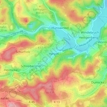 Topografische kaart Herpel, hoogte, reliëf