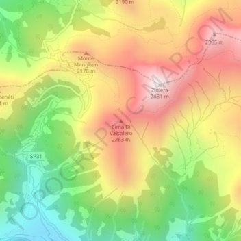 Topografische kaart Cima Di Valsolero, hoogte, reliëf