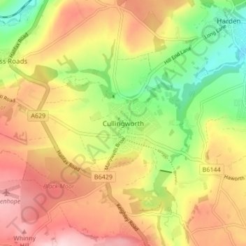 Topografische kaart Cullingworth, hoogte, reliëf