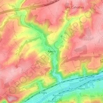 Topografische kaart Awirs, hoogte, reliëf