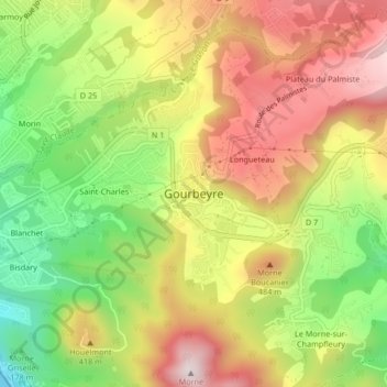 Topografische kaart Gourbeyre, hoogte, reliëf