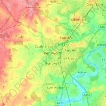 Topografische kaart Kenilworth, hoogte, reliëf