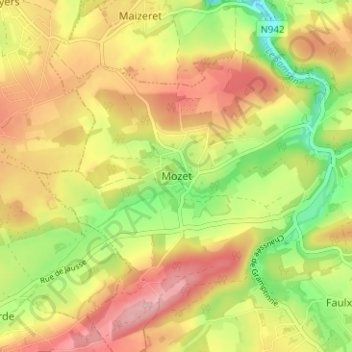 Topografische kaart Mozet, hoogte, reliëf