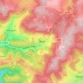 Topografische kaart Dahle, hoogte, reliëf
