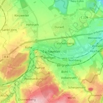 Topografische kaart Eschweiler, hoogte, reliëf
