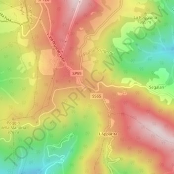 Topografische kaart Passo della Futa, hoogte, reliëf