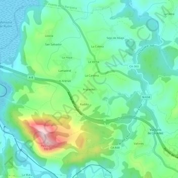Topografische kaart Argüedes, hoogte, reliëf