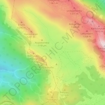 Topografische kaart Urbia, hoogte, reliëf