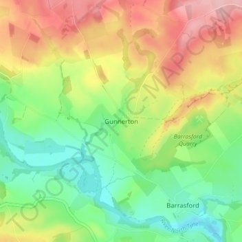 Topografische kaart Gunnerton, hoogte, reliëf