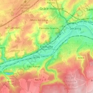 Topografische kaart Flémalle, hoogte, reliëf
