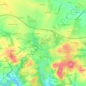 Topografische kaart Kerbanel, hoogte, reliëf