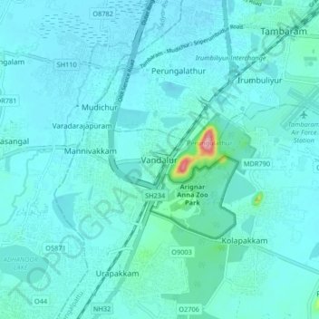 Topografische kaart Vandalur, hoogte, reliëf