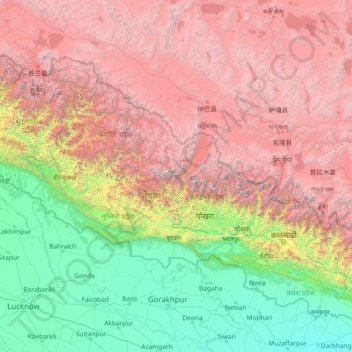 Topografische kaart पश्चिमाञ्चल विकास क्षेत्र, hoogte, reliëf