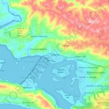 Topografische kaart Knysna, hoogte, reliëf