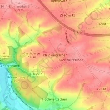 Topografische kaart Kleinweitzschen, hoogte, reliëf