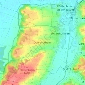 Topografische kaart Oberthürheim, hoogte, reliëf