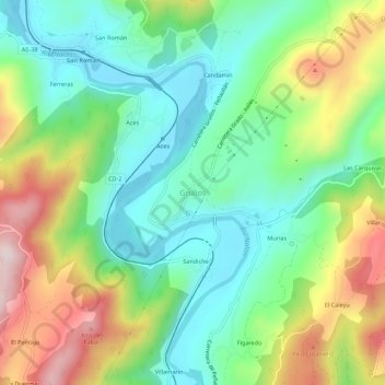Topografische kaart Grullos, hoogte, reliëf