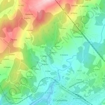 Topografische kaart Mudelos, hoogte, reliëf