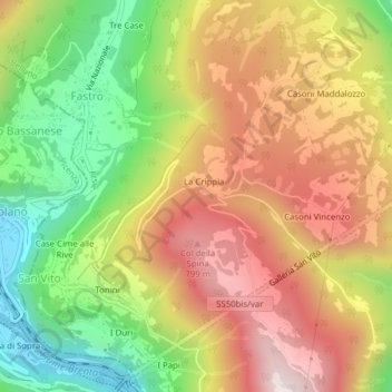 Topografische kaart Sella della Val Nevera, hoogte, reliëf