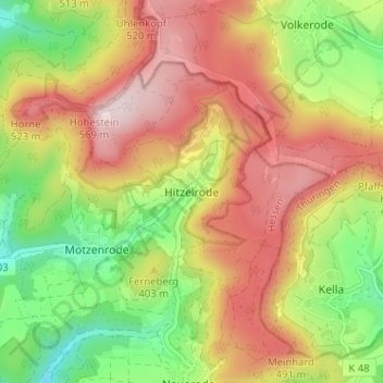 Topografische kaart Hitzelrode, hoogte, reliëf
