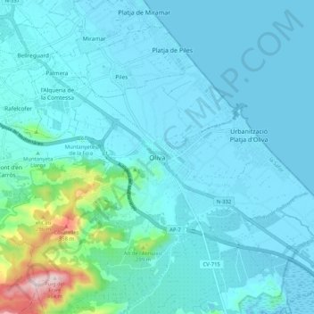 Topografische kaart Oliva, hoogte, reliëf