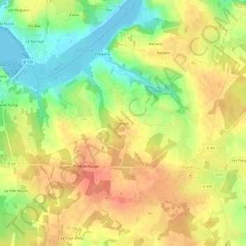 Topografische kaart Kergal, hoogte, reliëf