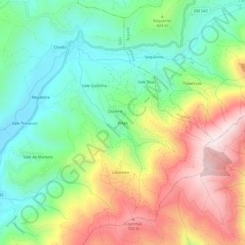 Topografische kaart Piães, hoogte, reliëf