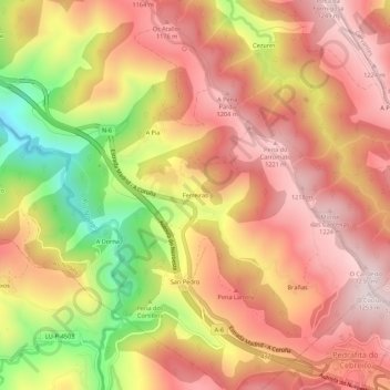 Topografische kaart Ferreiras, hoogte, reliëf
