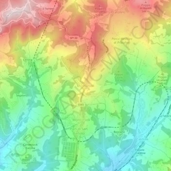 Topografische kaart Montorsoli, hoogte, reliëf