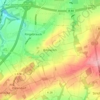 Topografische kaart Billmerich, hoogte, reliëf
