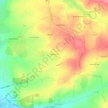 Topografische kaart Villeprevoir, hoogte, reliëf