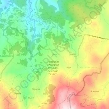 Topografische kaart Bico, hoogte, reliëf