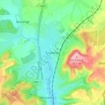 Topografische kaart Turpange, hoogte, reliëf