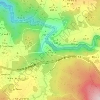 Topografische kaart A Filgueira, hoogte, reliëf