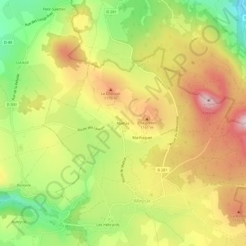 Topografische kaart Malhac, hoogte, reliëf