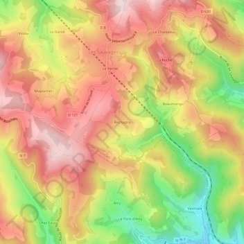 Topografische kaart Rechagny, hoogte, reliëf