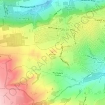Topografische kaart Bole Hill, hoogte, reliëf