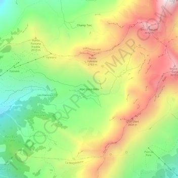 Topografische kaart Alpe Cleva Bella, hoogte, reliëf