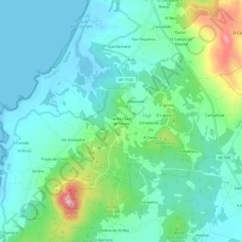 Topografische kaart Santa Clara de Novás, hoogte, reliëf