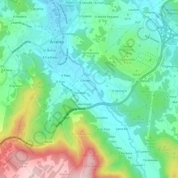 Topografische kaart A Queira, hoogte, reliëf