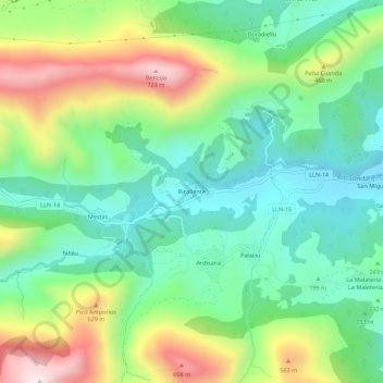 Topografische kaart Riocaliente, hoogte, reliëf