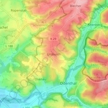Topografische kaart Glöbusch, hoogte, reliëf